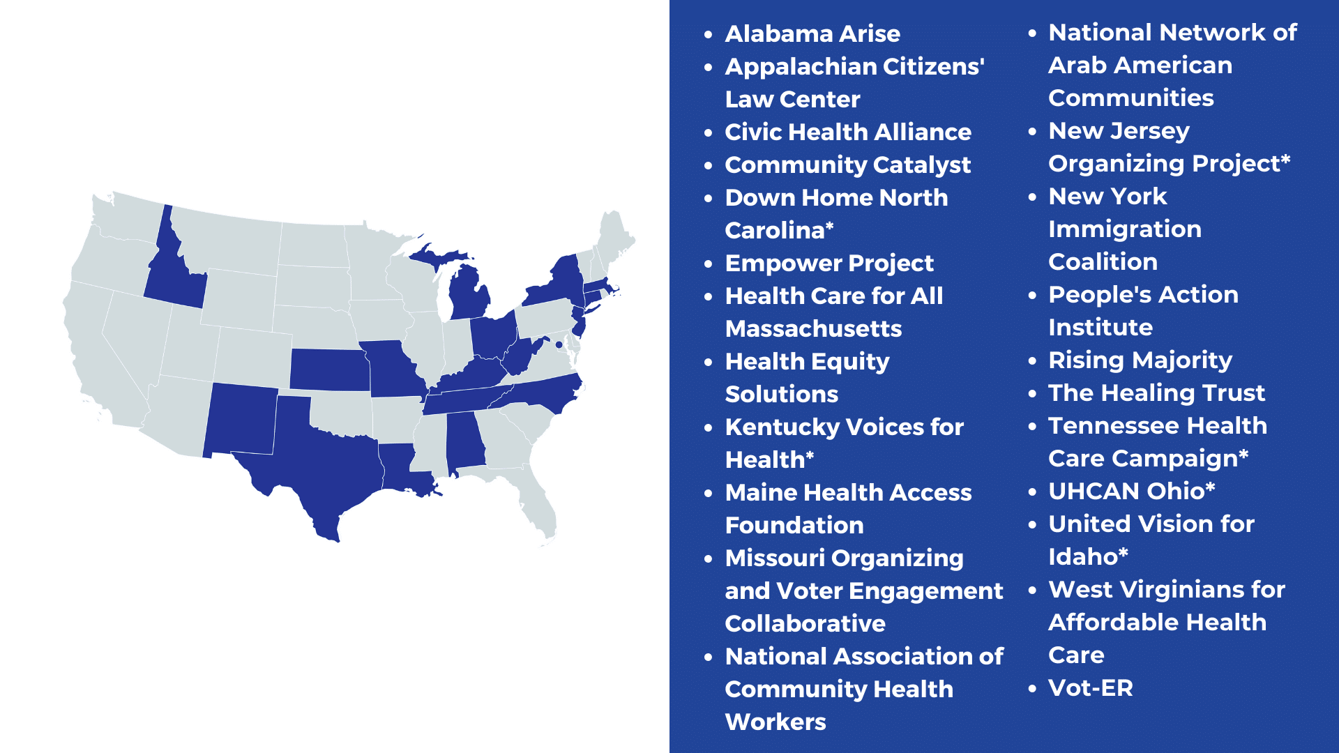 Map of the United States with participating states colored in. Participating states include: Idaho, New Mexico, Texas, Louisiana, Kansas, Missouri, Tennessee, Alabama, Kentucky, North Carolina, West Virginia, Ohio, Michigan, New York, New Jersey, Connecticut, Massachusetts